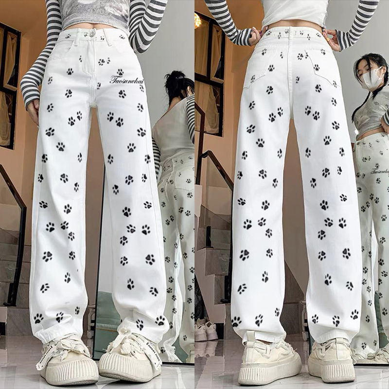 High-Waisted Retro Printed Women's Jeans, Casual Loose Fit Straight Wide-Leg Floor-Length Pants - Trendy High Street Style