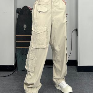 High-Waisted Slim Fit Cargo Pants with Zipper Pockets – 2024 Street Style Casual Long Pants for Trendy Everyday Wear