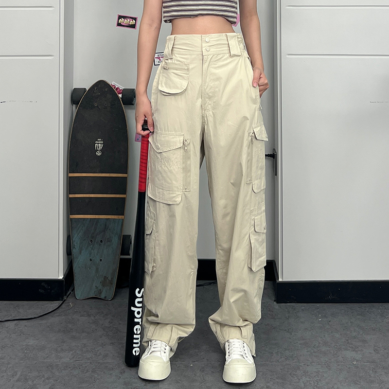 High-Waisted Slim Fit Cargo Pants with Zipper Pockets – 2024 Street Style Casual Long Pants for Trendy Everyday Wear