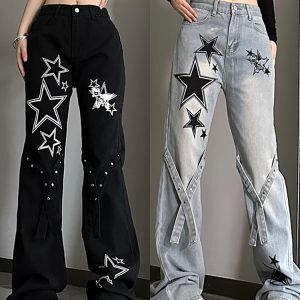 High-Waisted Slim-Fit Flared Jeans for Women, American-Style Star Design, Trendy Niche Fashion, Casual 90s Look