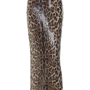 High-Waisted Slim Fit Leopard Print Reflective Patch Split Hem Long Skirt - European American Instagram Style Fashion