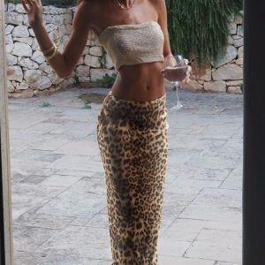 High-Waisted Slim Fit Leopard Print Reflective Patch Split Hem Long Skirt - European American Instagram Style Fashion