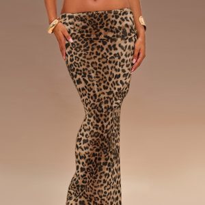 High-Waisted Slim Fit Leopard Print Reflective Patch Split Hem Long Skirt - European American Instagram Style Fashion