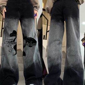 High-Waisted Slim Straight Wide-Leg Jeans for Women - Trendy Printed Casual American High Street Style Pants