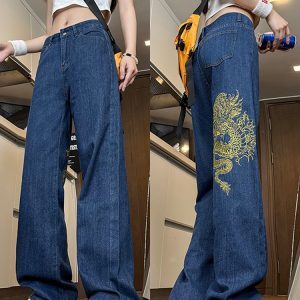 High-Waisted Slim Straight Wide-Leg Women's Jeans with Embroidery - Casual American High Street Style, Trendy Versatile Fashion