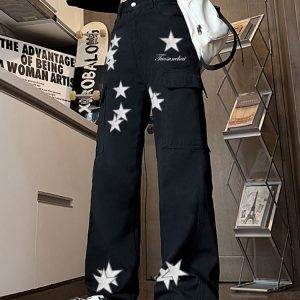 High-Waisted Star Embroidered Workwear Jeans for Women - Casual Loose Straight-Leg Wide-Leg Floor-Length Pants