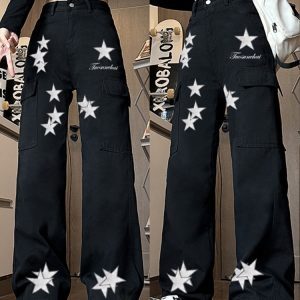 High-Waisted Star Embroidered Workwear Jeans for Women - Casual Loose Straight-Leg Wide-Leg Floor-Length Pants