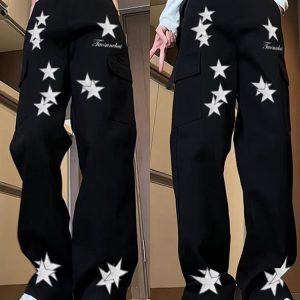 High-Waisted Star Embroidered Workwear Jeans for Women - Casual Loose Straight-Leg Wide-Leg Floor-Length Pants