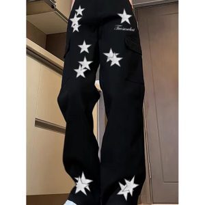 High-Waisted Star Embroidered Workwear Jeans for Women - Casual Loose Straight-Leg Wide-Leg Floor-Length Pants