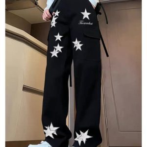 High-Waisted Star Embroidered Workwear Jeans for Women - Casual Loose Straight-Leg Wide-Leg Floor-Length Pants