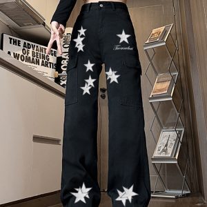 High-Waisted Star Embroidered Workwear Jeans for Women - Casual Loose Straight-Leg Wide-Leg Floor-Length Pants