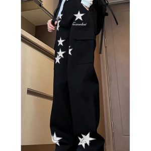 High-Waisted Star Embroidered Workwear Jeans for Women - Casual Loose Straight-Leg Wide-Leg Floor-Length Pants