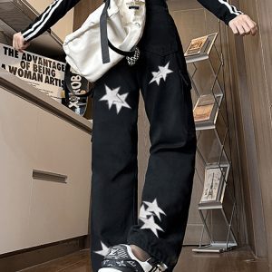 High-Waisted Star Embroidered Workwear Jeans for Women - Casual Loose Straight-Leg Wide-Leg Floor-Length Pants