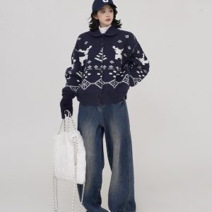 High-Waisted Thickened Wide-Leg Straight-Leg Jeans for Women - Blue Loose Floor-Length Winter Pants in Korean Style