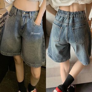 High-Waisted Vintage Blue Denim Shorts for Women, Summer Plus Size Loose Straight Wide-Leg Capris, American Style Fashion