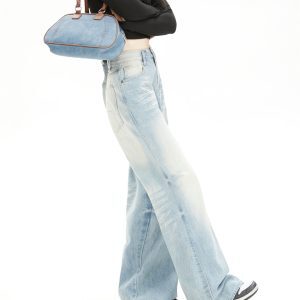 High-Waisted Vintage Blue Washed Gradient Cat Whisker Wide-Leg Jeans for Women - Casual Loose Draped Floor-Length Autumn Pants