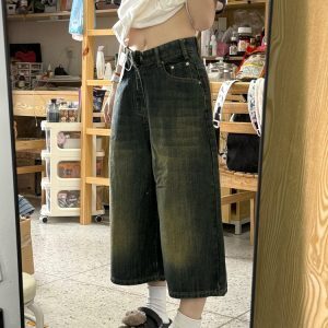 High-Waisted Vintage Washed Distressed Denim Capri Shorts for Women, Summer Loose Wide-Leg Slim Straight Mid-Length Pants