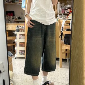 High-Waisted Vintage Washed Distressed Denim Capri Shorts for Women, Summer Loose Wide-Leg Slim Straight Mid-Length Pants