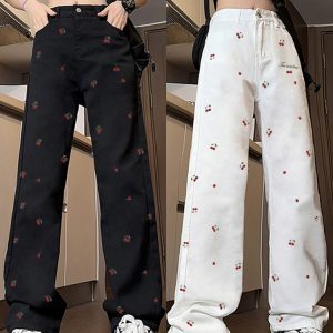 High-Waisted White Embroidered Wide-Leg Jeans for Women - Casual American Style High Street Fashion