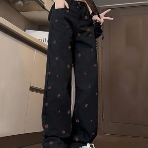 High-Waisted White Embroidered Wide-Leg Jeans for Women - Casual American Style High Street Fashion