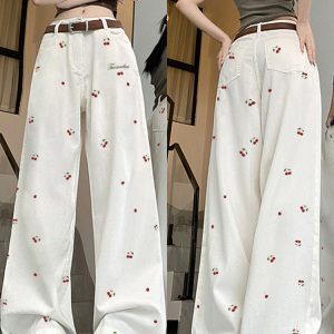High-Waisted White Jeans for Women with Cherry Embroidery, American High Street Style, Slimming Straight-Leg Wide-Leg Casual Pants
