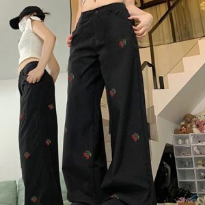 High-Waisted White Jeans for Women with Cherry Embroidery, Casual Slimming Straight-Leg & Wide-Leg American High Street Style