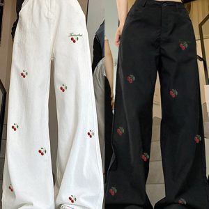 High-Waisted White Jeans for Women with Cherry Embroidery, Casual Slimming Straight-Leg & Wide-Leg American High Street Style