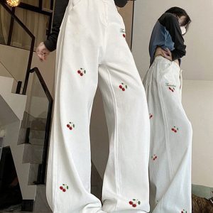 High-Waisted White Jeans for Women with Cherry Embroidery, Casual Slimming Straight-Leg & Wide-Leg American High Street Style