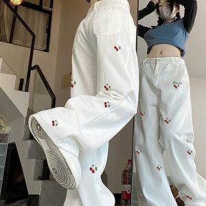High-Waisted White Jeans for Women with Cherry Embroidery, Casual Slimming Straight-Leg & Wide-Leg American High Street Style