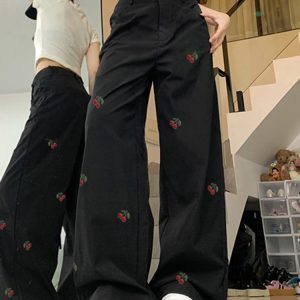 High-Waisted White Jeans for Women with Cherry Embroidery, Casual Slimming Straight-Leg & Wide-Leg American High Street Style
