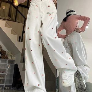 High-Waisted White Jeans for Women with Cherry Embroidery, Slimming Casual Straight-Leg Wide-Leg Pants, American High Street Style