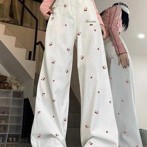 High-Waisted White Jeans for Women with Cherry Embroidery, Slimming Casual Straight-Leg Wide-Leg Pants, American High Street Style