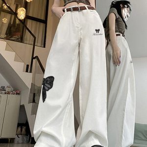 High-Waisted White Jeans for Women with Trendy Embroidered Bow, Slimming Casual Straight-Leg Wide-Leg Pants, High Street Fashion