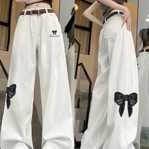 High-Waisted White Jeans for Women with Trendy Embroidered Bow, Slimming Casual Straight-Leg Wide-Leg Pants, High Street Fashion