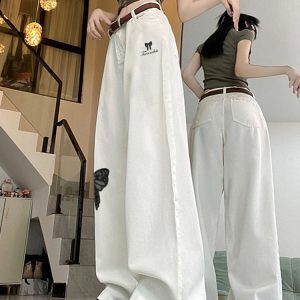 High-Waisted White Jeans for Women with Trendy Embroidered Bow, Slimming Casual Straight-Leg Wide-Leg Pants, High Street Fashion