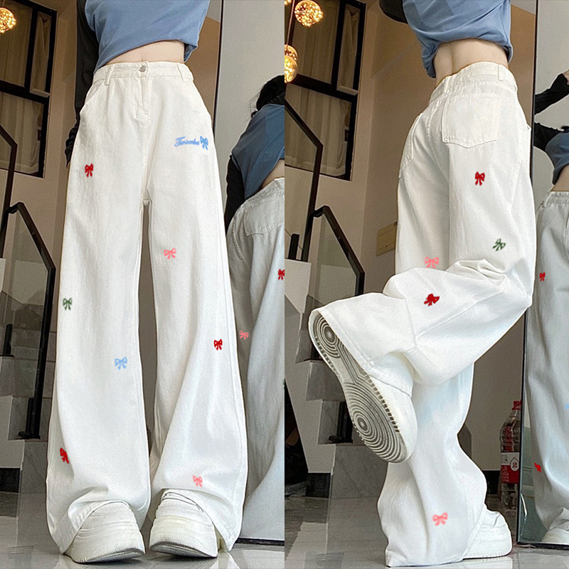 High-Waisted White Wide-Leg Jeans for Women, Summer 2025 American Style, Slimming Loose Straight-Leg Floor-Length Pants