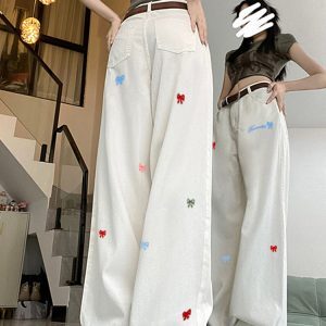 High-Waisted White Wide-Leg Pants with Butterfly Knot Embroidery - Casual American High Street Style for Women