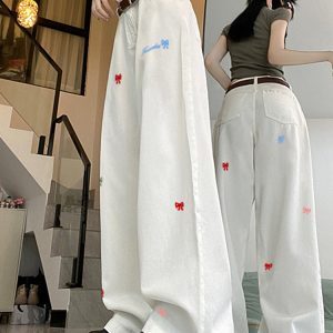 High-Waisted White Wide-Leg Pants with Butterfly Knot Embroidery - Casual American High Street Style for Women