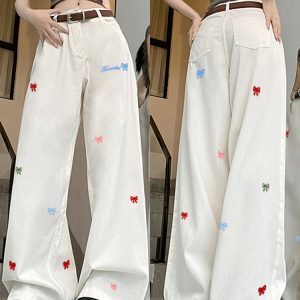 High-Waisted White Wide-Leg Pants with Butterfly Knot Embroidery - Casual American High Street Style for Women
