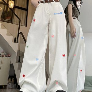 High-Waisted White Wide-Leg Pants with Butterfly Knot Embroidery - Casual American High Street Style for Women