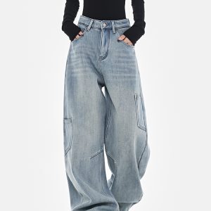 High-Waisted Wide-Leg Cargo Jeans for Women - American Style High Street Loose Banana Pants, Trendy Curved Knife Design
