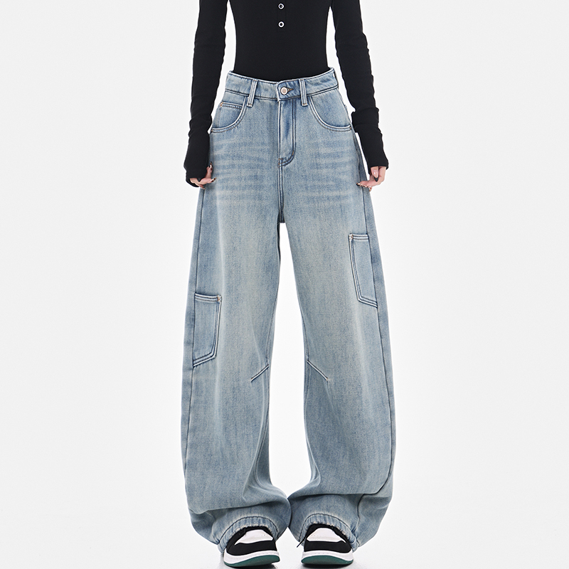 High-Waisted Wide-Leg Cargo Jeans for Women - American Style High Street Loose Banana Pants, Trendy Curved Knife Design