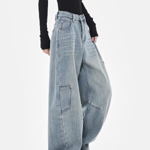 High-Waisted Wide-Leg Cargo Jeans for Women - American Style High Street Loose Banana Pants, Trendy Curved Knife Design