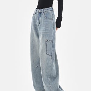High-Waisted Wide-Leg Cargo Jeans for Women - American Style High Street Loose Banana Pants, Trendy Curved Knife Design