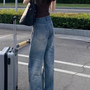 High-Waisted Wide-Leg Ripped Jeans for Women - Vintage American Style Loose Straight-Leg Summer Pants