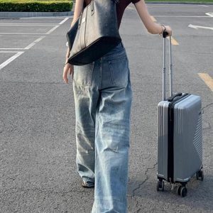 High-Waisted Wide-Leg Ripped Jeans for Women - Vintage American Style Loose Straight-Leg Summer Pants
