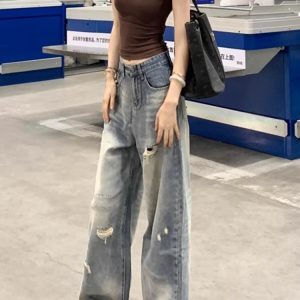 High-Waisted Wide-Leg Ripped Jeans for Women - Vintage American Style Loose Straight-Leg Summer Pants