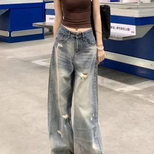 High-Waisted Wide-Leg Ripped Jeans for Women - Vintage American Style Loose Straight-Leg Summer Pants