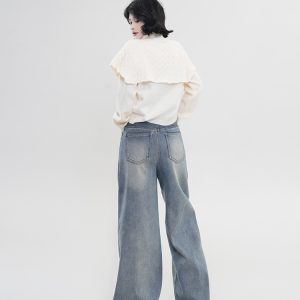 High-Waisted Wide-Leg Straight-Leg Jeans for Women - Blue Thickened Loose Floor-Length Pants, Korean Style, Autumn & Winter Fashion