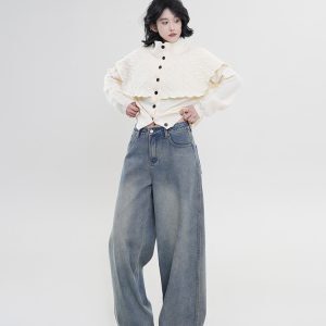 High-Waisted Wide-Leg Straight-Leg Jeans for Women - Blue Thickened Loose Floor-Length Pants, Korean Style, Autumn & Winter Fashion
